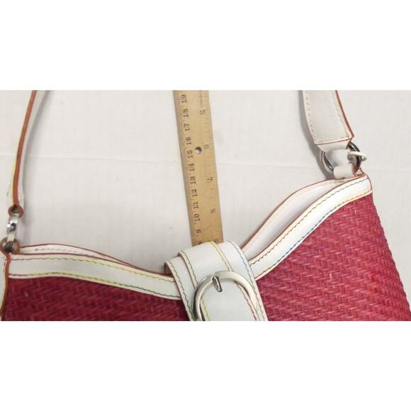 Pink Wicker Handbag Rattan White Leather Handle Buckle Elliott Lucca Colorful - Picture 13 of 13
